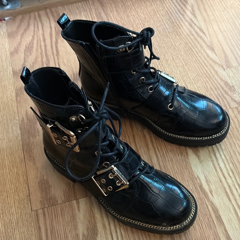 Black Crocodile-Embossed Combat Boots